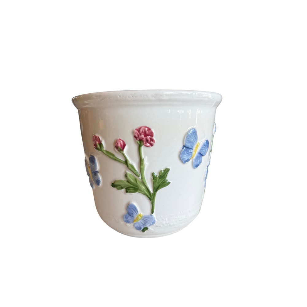 Bassano Ceramic Planter 5.5" 3D Raised Floral Butterfly Made in Italy White Pot